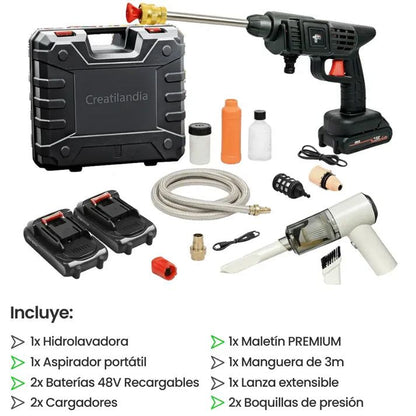 COMBO: Hidrolavadora + (Aspirador Portátil + Doble Batería + Maletín)